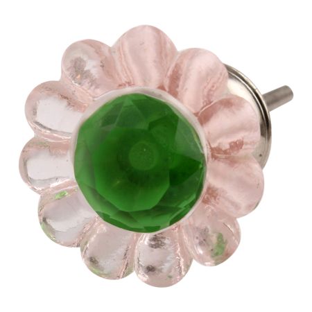 Pink Daisy Green Crystal Glass Drawer Knob
